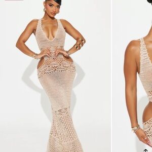 Fashion Nova Crochet Maxi Dress in Nude